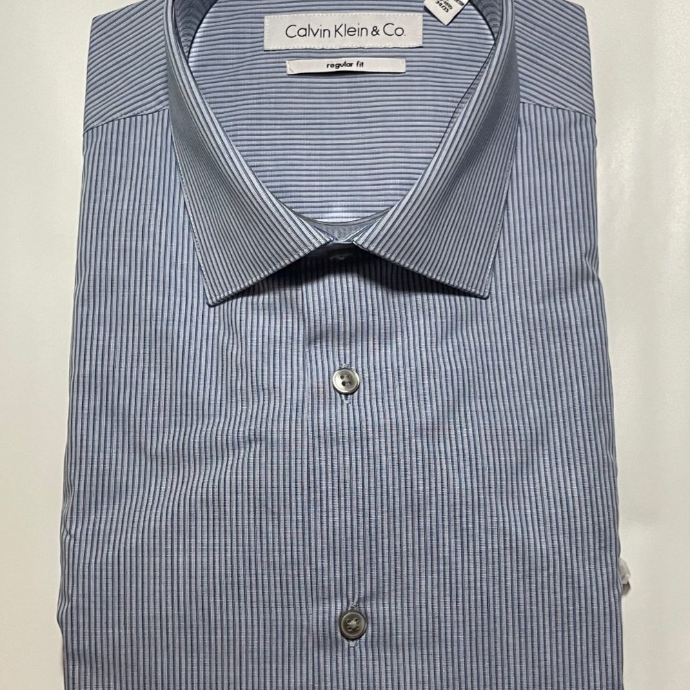 NEW Authentic Calvin Klein Dress Shirt, Regular Fit, 100% Cotton, Sm Blue Stripe